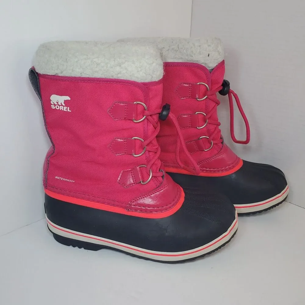 Sorel Girls Sz 5 Yoot Pac Snow Boots Pink Black Waterproof Winter Faux Fur EUC